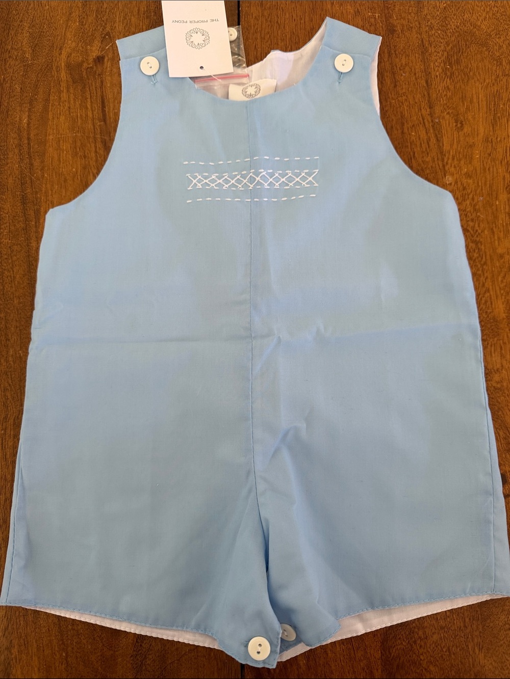 Proper Peony Light Blue Smocked Baby Romper Jon Jon 18 months